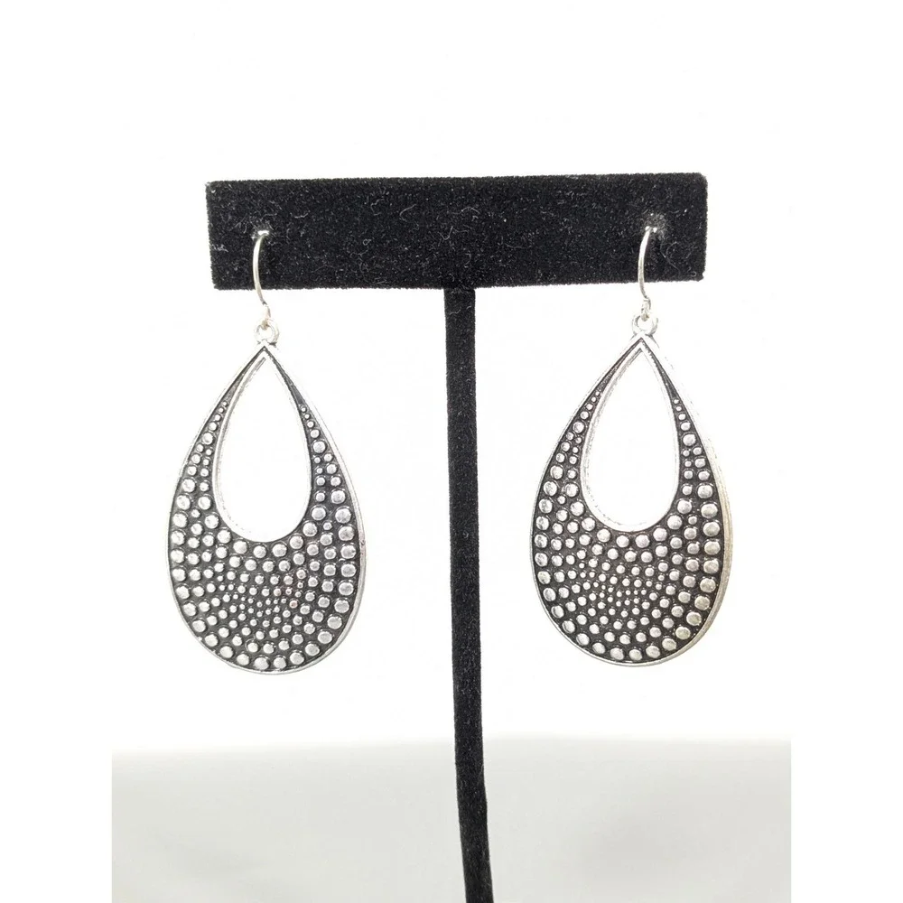 Boho Western‎ Chic Pebble Texture Teardrop Long Dangle Earrings Silver Tone
